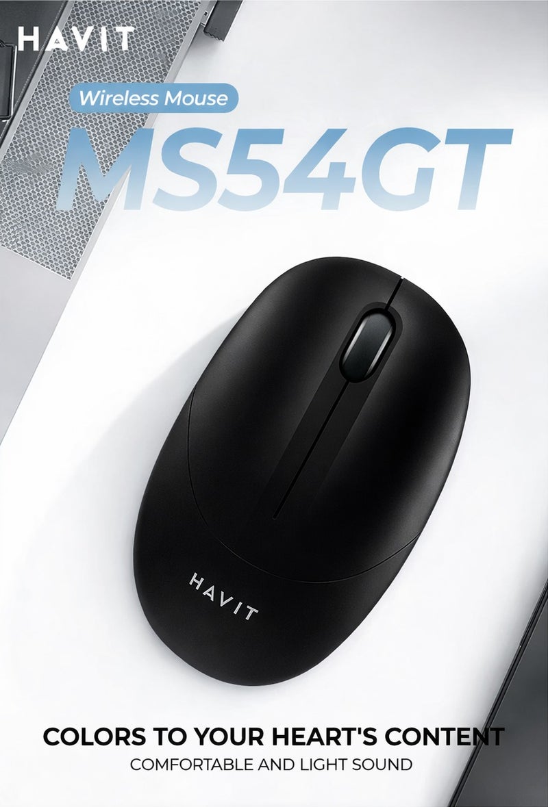 هافيت فأرة لاسلكية 2.4GHz صامتة – دقة 1600 DPI، وزن خفيف 47 جم، تصميم مريح، توصيل USB مباشر Plug & Play، بطارية طويلة العمر، نقر صامت، موفرة للطاقة، تحكم سلس ودقيق، متينة 3 ملايين نقرة، متوافقة مع اللابتوب/الكمبيوتر/ويندوز/ماك/كروم بوك/لينكس – أسود - Image 1